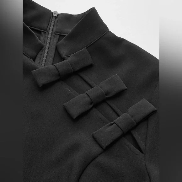 17 Commense Bow Cut-Out Stand Collar Short Sleeve Dress - Picture 3 of 5